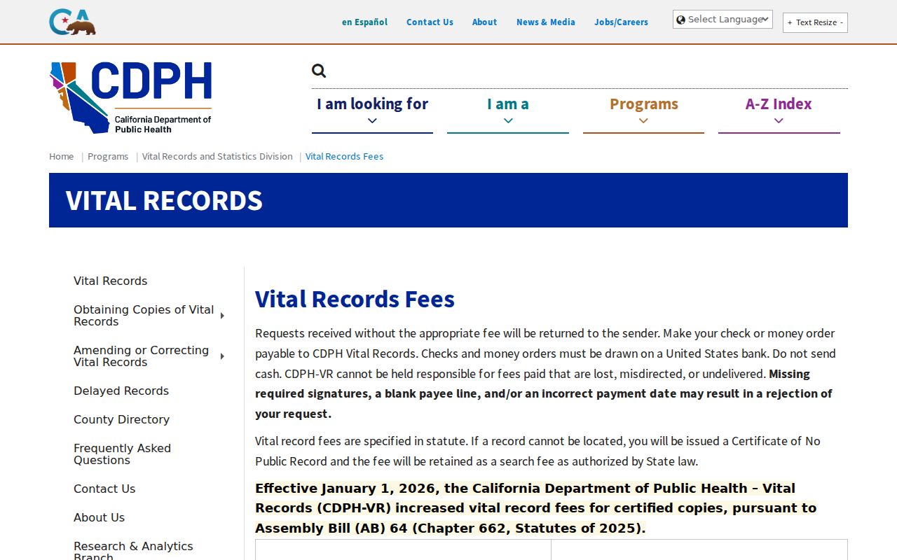 Maywood people search California vital records fee table