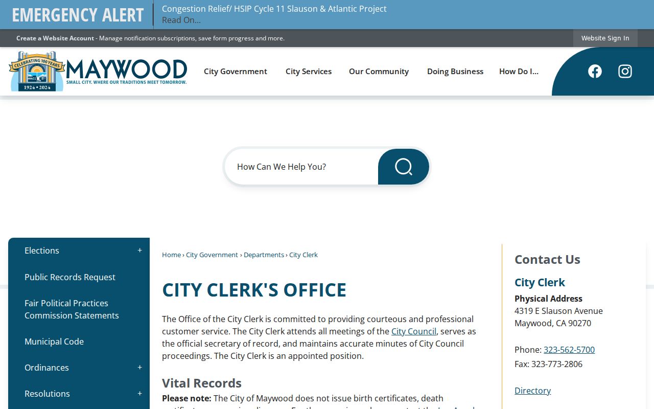 Maywood public records access at the City Clerk page